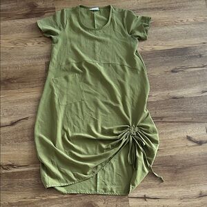 Ruched Side Olive Green Midi Dress with Pocket